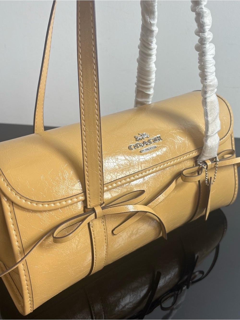 Coach Mustard Pebbled Leather Barrel Bag with Bow Accents - Picture 5 of 9